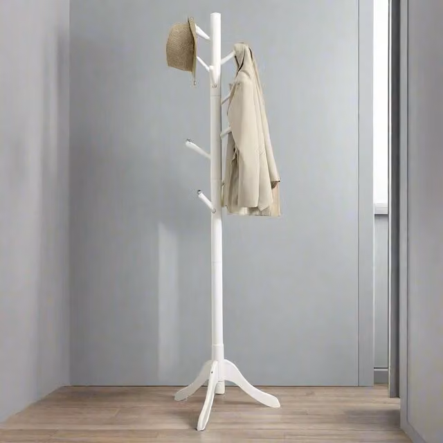 Modcraft Freestanding Rubberwood Coat Rack in White with 8 Hooks and Adjustable Height, H 175 x W 57 x D 40 cm – 1