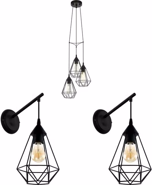 Loops Black Metal Wire Cage Lighting Set Including Ceiling Pendant and 2x Matching Wall Lights