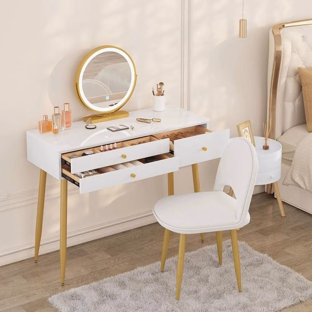 FORGEVIO White Wooden Vanity Table with LED Mirror, 3 Drawers and Stool – 2
