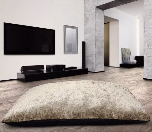 Velosso Rectangular Crushed Velvet Floor Cushion with Non-Slip Back in Beige, Diameter: 85 cm