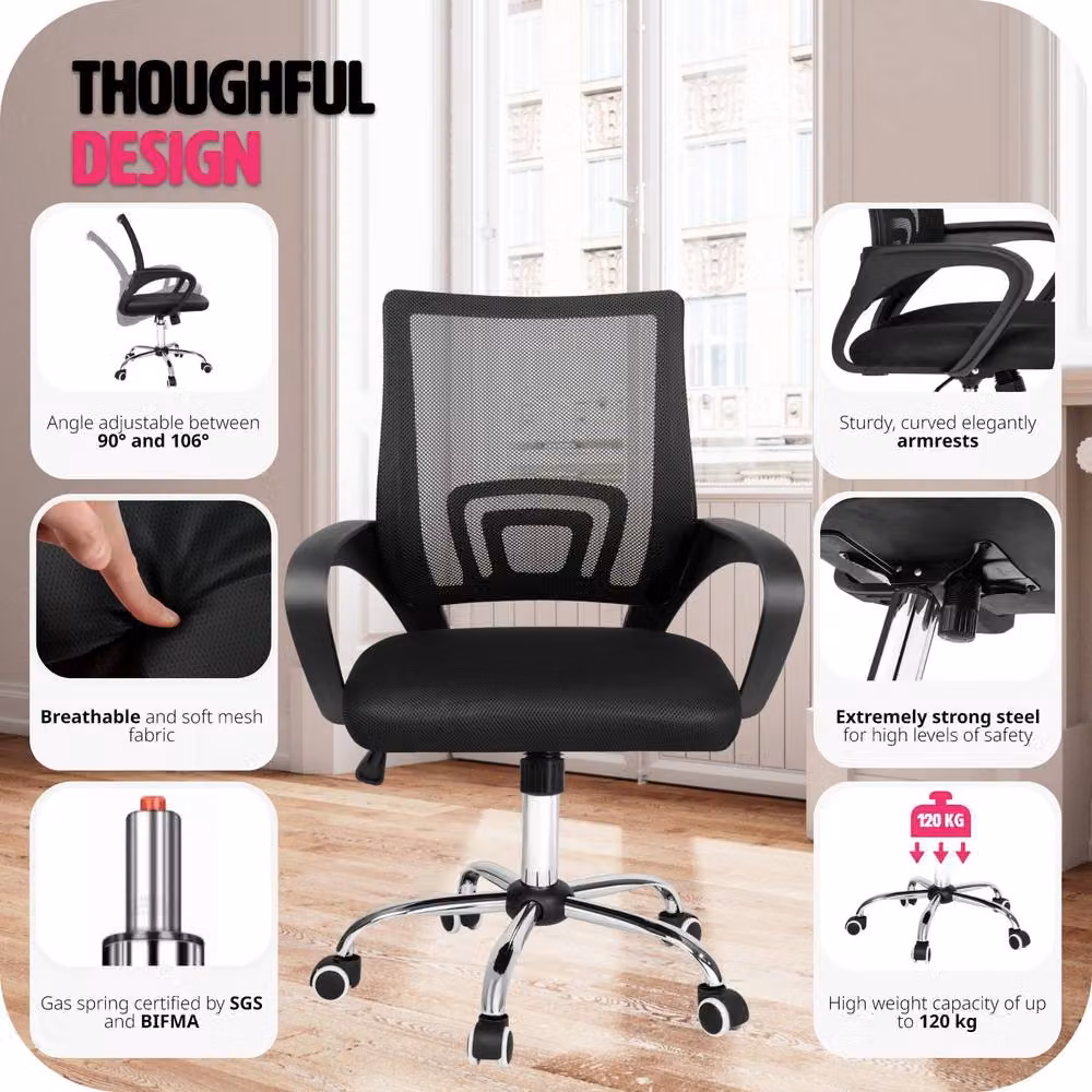 tectake Marius Office Task Chair in Black with Armrests and 360 Degree Swivel – 7