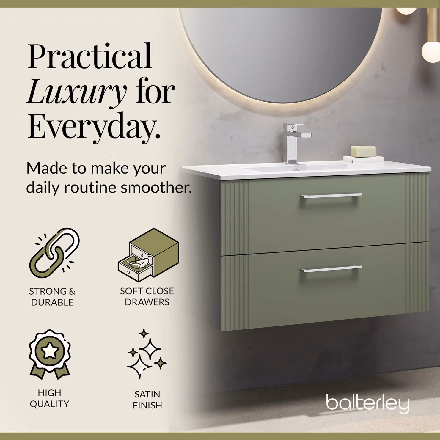 Balterley Wall Hung 2 Drawer Vanity Unit with Minimalist Basin, Satin Green – 2
