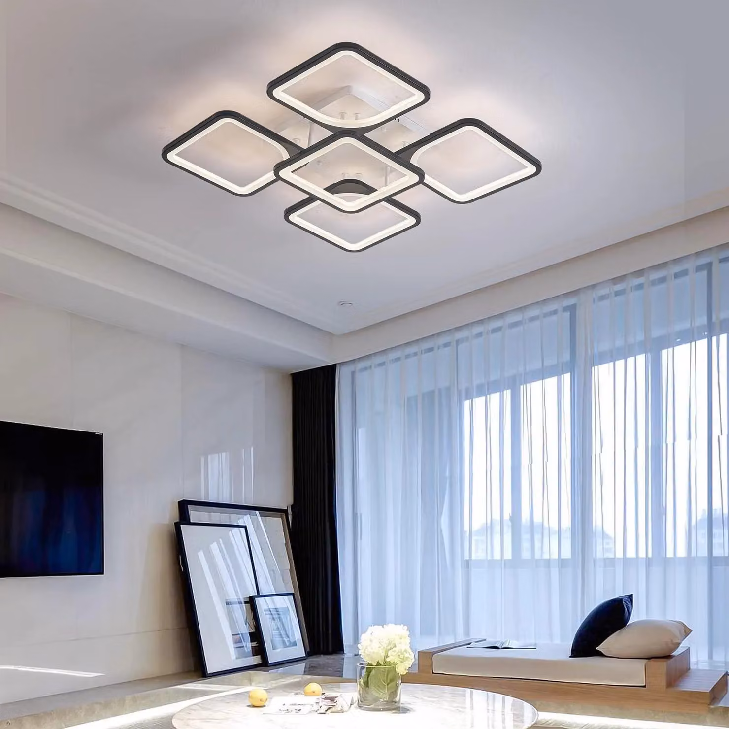 Garwarm Black 70W Square LED Ceiling Light with Remote Control, Dimmable Acrylic and Metal Design – 3
