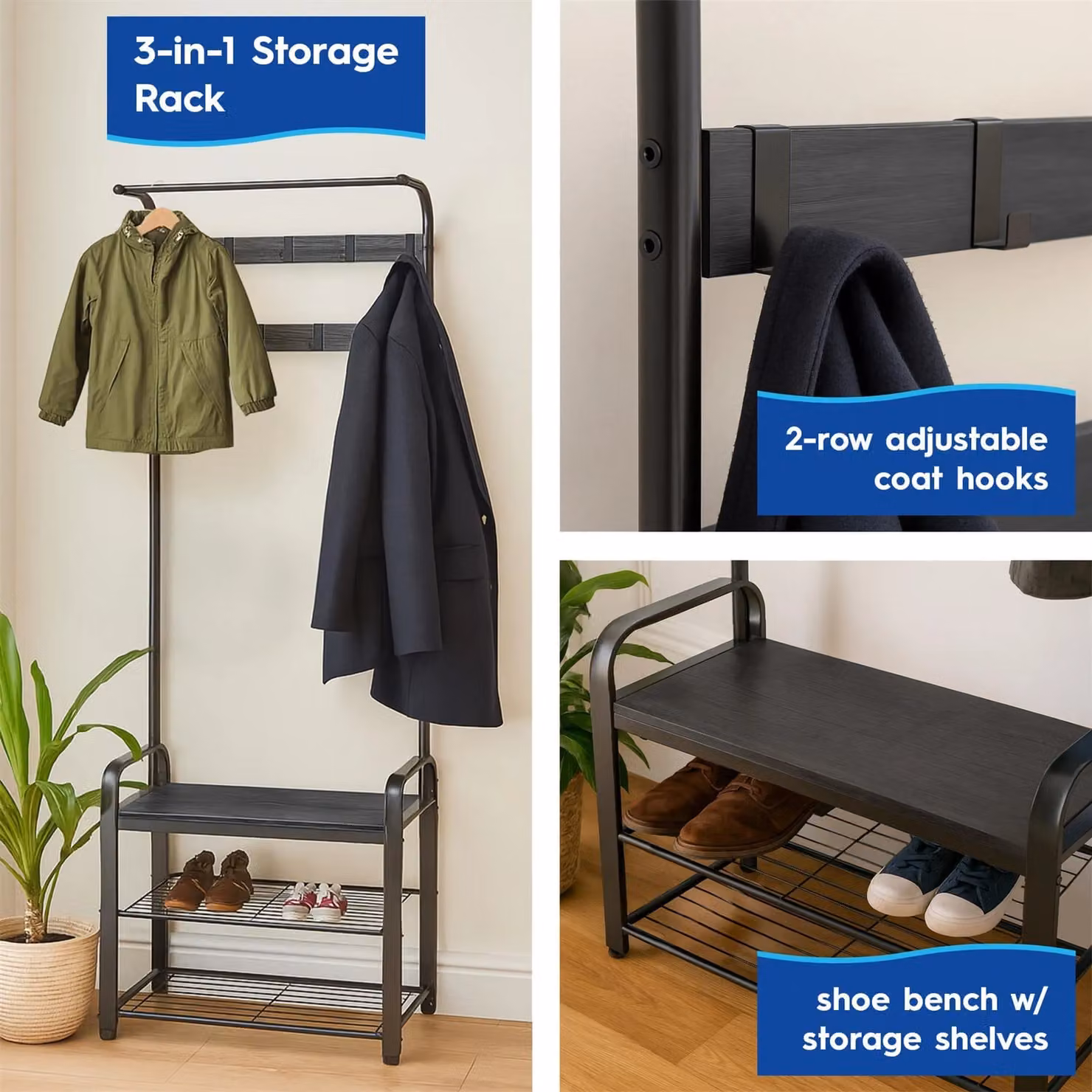 Harbour Housewares Industrial Hall Tree with Shoe Storage Bench and Coat Rack in Matt Black – 3