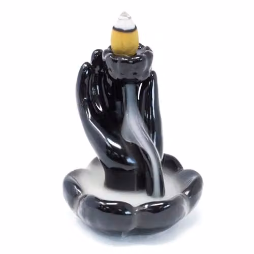 KDMD Black Ceramic Back Flow Incense Burner with Hand and Lotus Flower Design