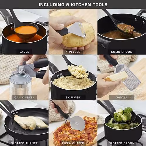 Swan Townhouse 14 Piece Black Aluminium Cookware and Tool Set with Ceramic Coating, including 16cm, 18cm and 20cm Saucepans with Glass Lids and 20cm and 26cm Frying Pans – 5