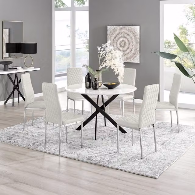 FurnitureboxUK Novara White Gloss Round Dining Table with 6 Cream Velvet Milan Chairs, Diameter: 120 cm