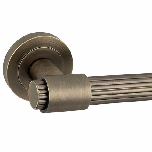 AXS Hardware Nevada Door Handle Pair on Rose in Antique Brass with Stepped Collar Design – 1