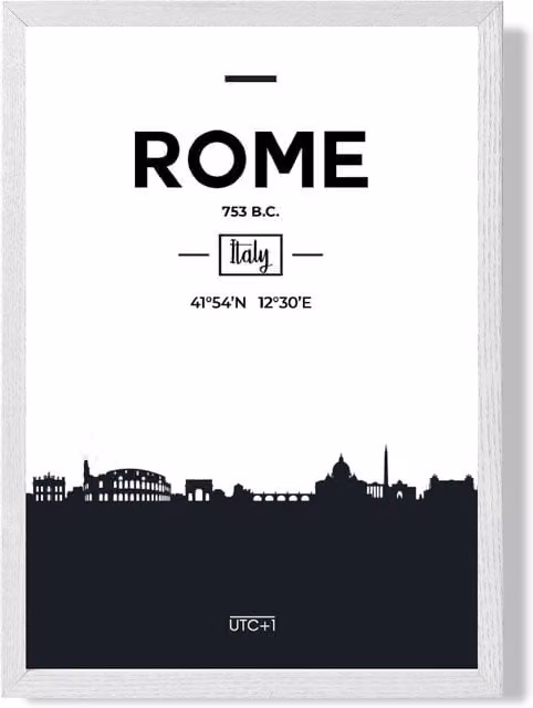 ARTZE Rome Black and White City Skyline Framed Print in White Frame, A4 – 1