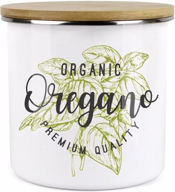 Purely Home Green Label Oregano Herbs Storage Enamel Canister in White and Green