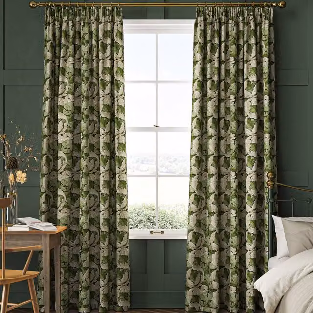 William Morris At Home Acanthus Made to Measure Blackout Cotton Fabric Panel Curtains in Green and Black Floral Design