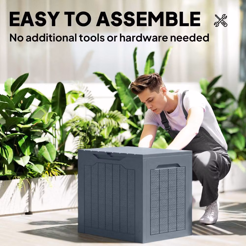 OUTSUNNY 97L Plastic Garden Storage Box with Handles, Light Grey – 4
