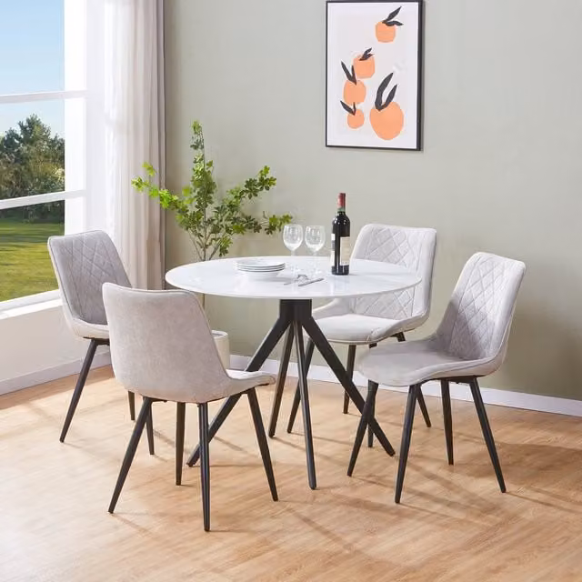 Aspen Gloss White Sintered Stone Round Dining Table and 4 Light Grey Cord Fabric Chairs Set