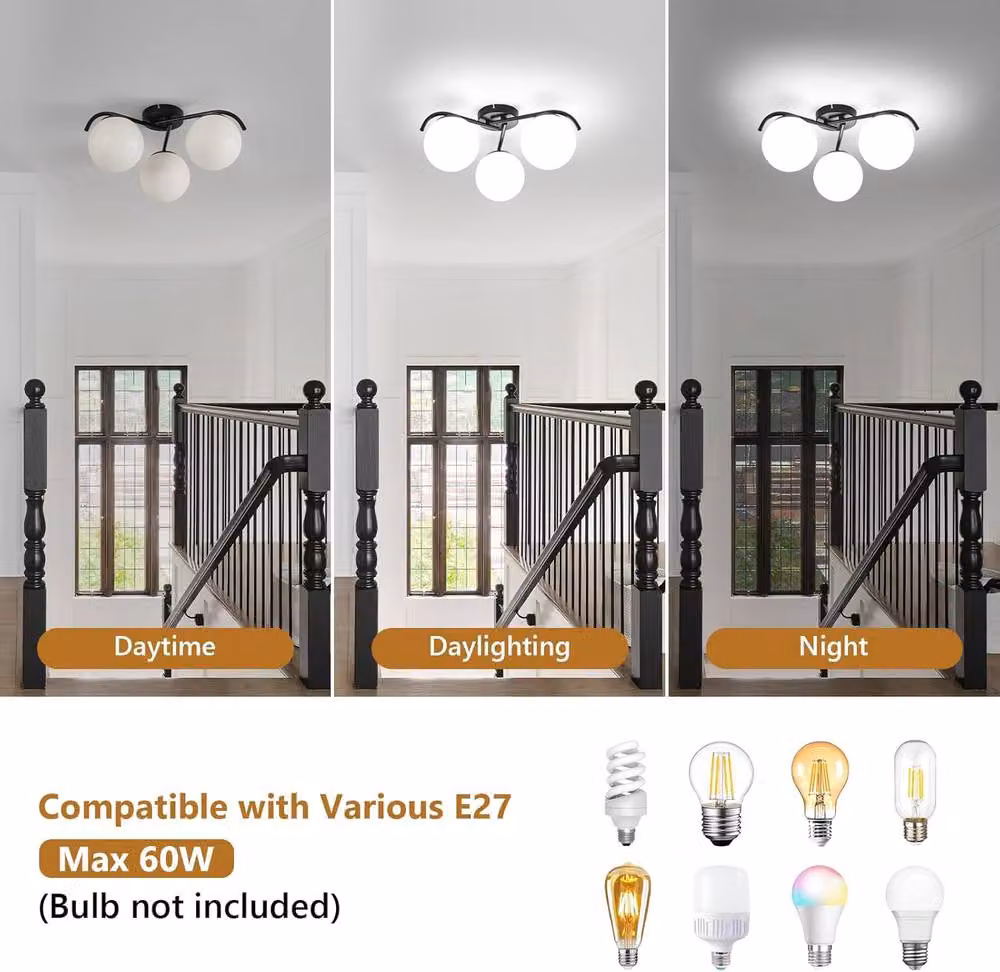 Goeco Modern Ceiling Light with White Glass Globe and Black Metal Frame, E27 Socket – 2
