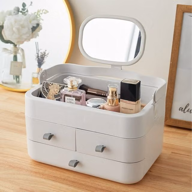 Livingandhome Large Makeup Organizer with Mirror and Drawers in White