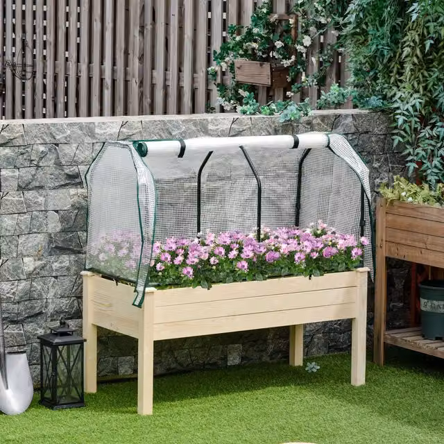OUTSUNNY Raised Wooden Garden Bed with PE Cover in Sand, W/D/H: 117 x 55 x 55 cm