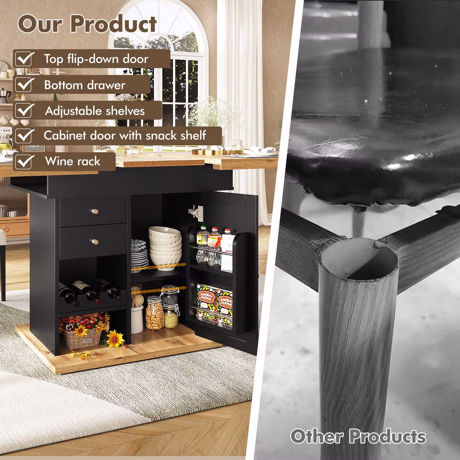 Aosom UK Telescopic Dining Table with Snack Shelf and Wine Rack for 4-6 People, Black and Natural, W: 80 cm, D: 110 cm, H: 75 cm – 4