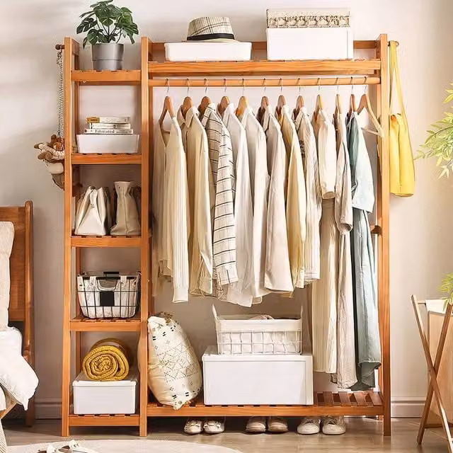 EONLION Bamboo Wood Clothes Rail Rack in Brown, W: 50 cm, H: 140 cm, D: 50 cm – 1