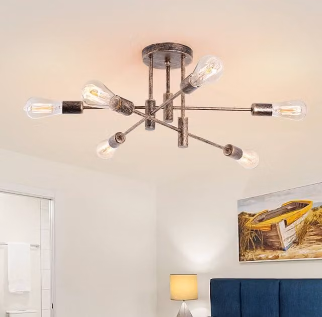 NIVOR 6-Light Industrial Mid Century Flush Mount Ceiling Chandelier in Bronze