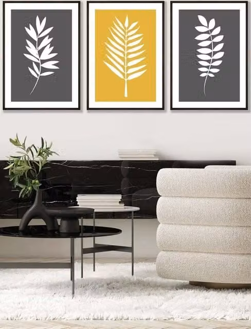 ARTZE Grey and Yellow Graphical Leaves Framed Wall Art, Boho Botanical Floral Design, W: 53 cm, H: 73 cm, D: 2 cm
