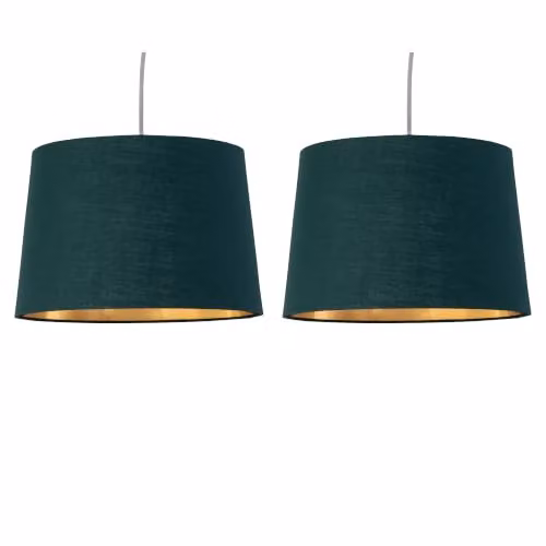 First Choice Lighting Zoey Set of 2 Easy Fit Cylinder Pendant Lamp Shades in Green and Gold Fabric – 5