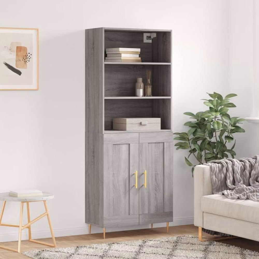 Berkfield Home Grey Sonoma Highboard with Hinged Doors and Internal Shelves, W/D/H: 69.5 x 34 x 180 cm – 2