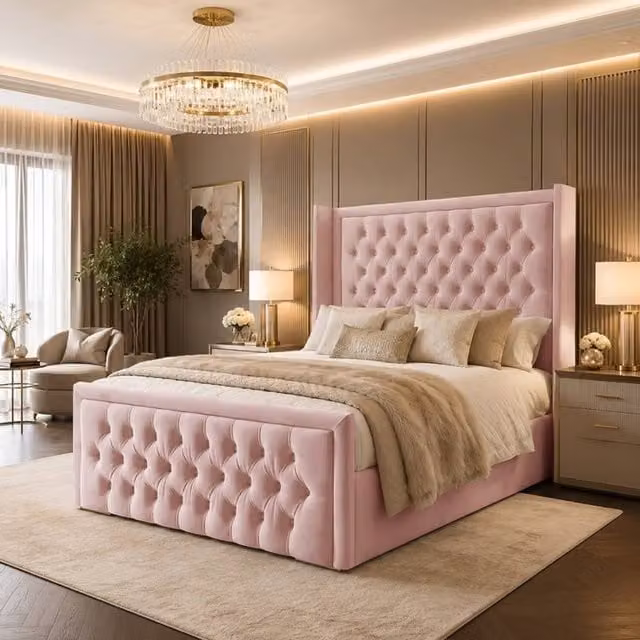 Desire Deco Luxury Pink Velvet Wingback Chesterfield Upholstered Bed Frame, Size: 140 x 200 cm