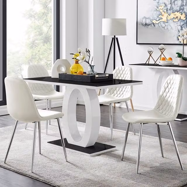 FurnitureboxUK Giovani Black Rectangular Glass Dining Table and Four White Faux Leather Corona Silver Leg Chairs