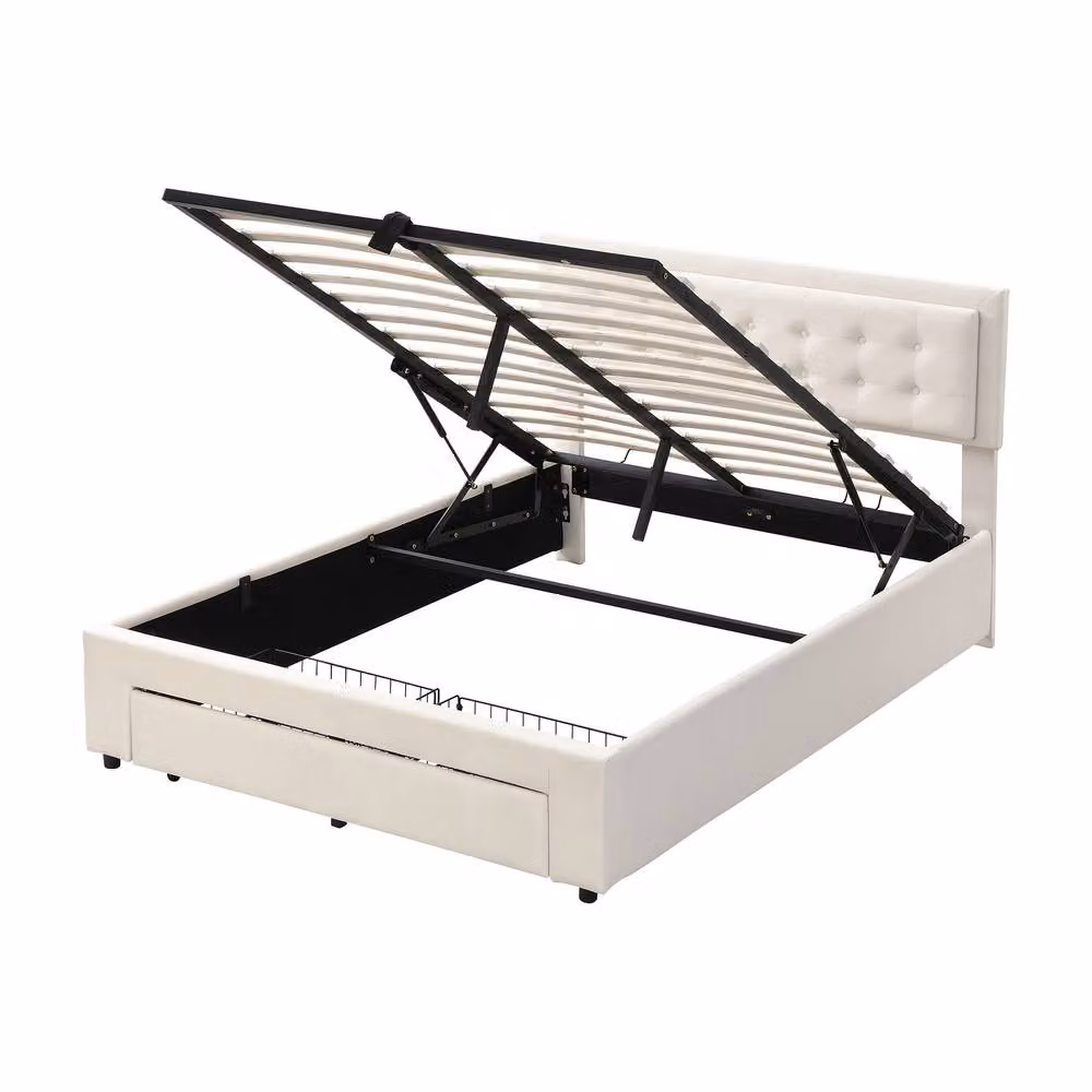 Merax Double Velvet Upholstered Ottoman Bed with Lift Storage in Beige, W/D/H: 135 x 190 cm – 3