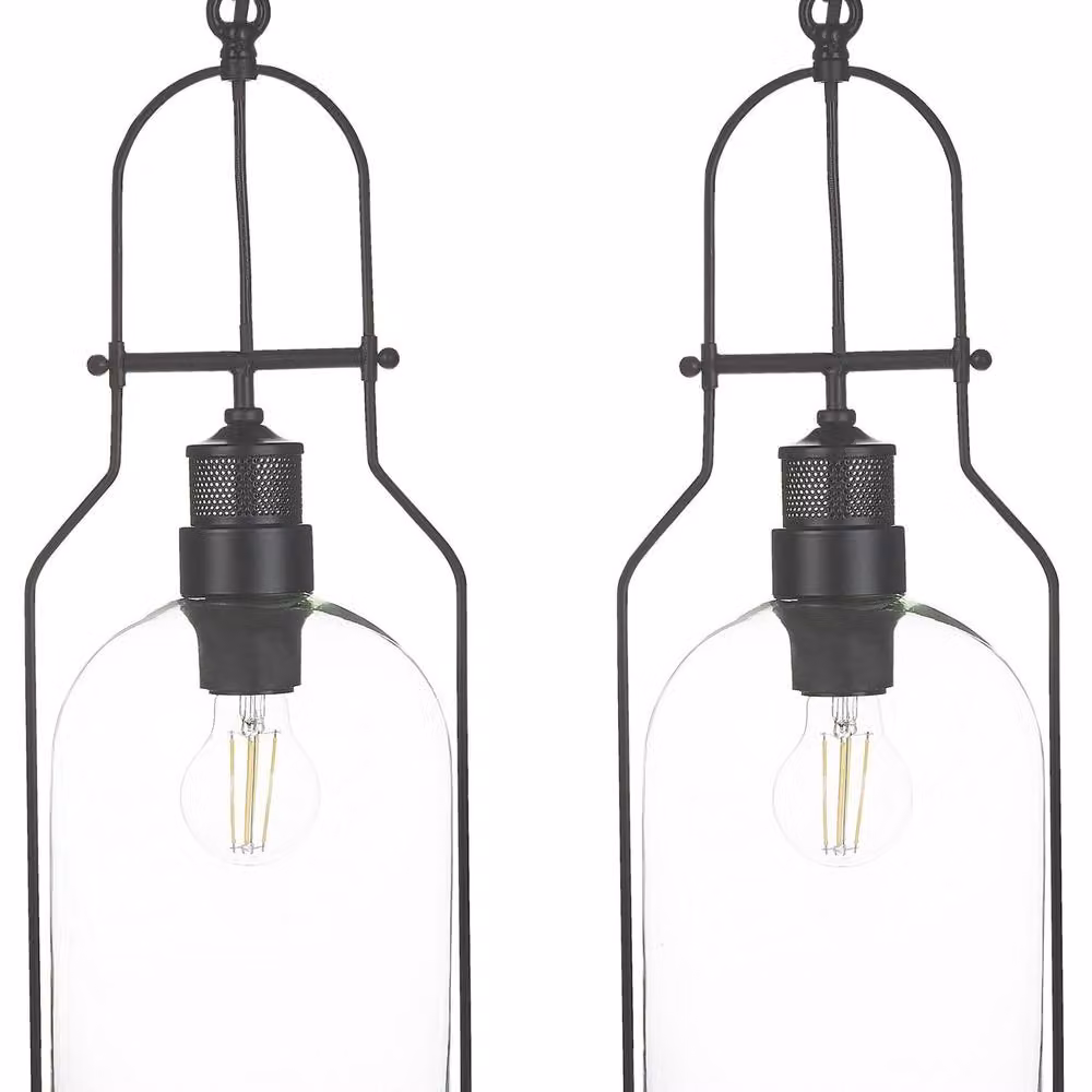 Wyld and Coco 2-Pack Industrial Suspended Pendant Lights in Black Metal and Transparent Glass, Height: 166 cm – 2