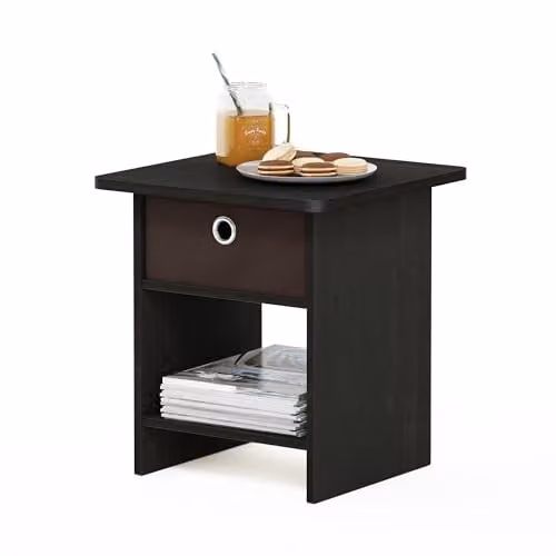 Furinno DARIO Square Side Table with Storage Bin and Open Back Shelf in Espresso, W/D/H: 39.4 x 39.4 x 45.2 cm