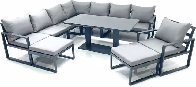 Fimous 10 Seater Outdoor Aluminium Corner Sofa Dining Set with Height Adjustable Glass Table in Dark Grey