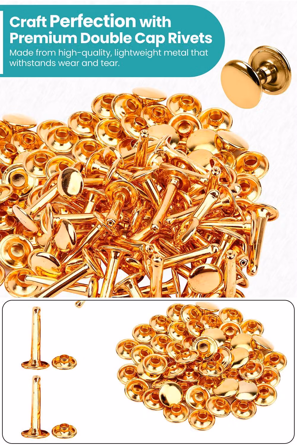 Neel Blue Gold Brass Extra Long Double Cap Studs and Tubular Rivets, 50 Pieces, W: 12 mm, D: 10 mm – 4