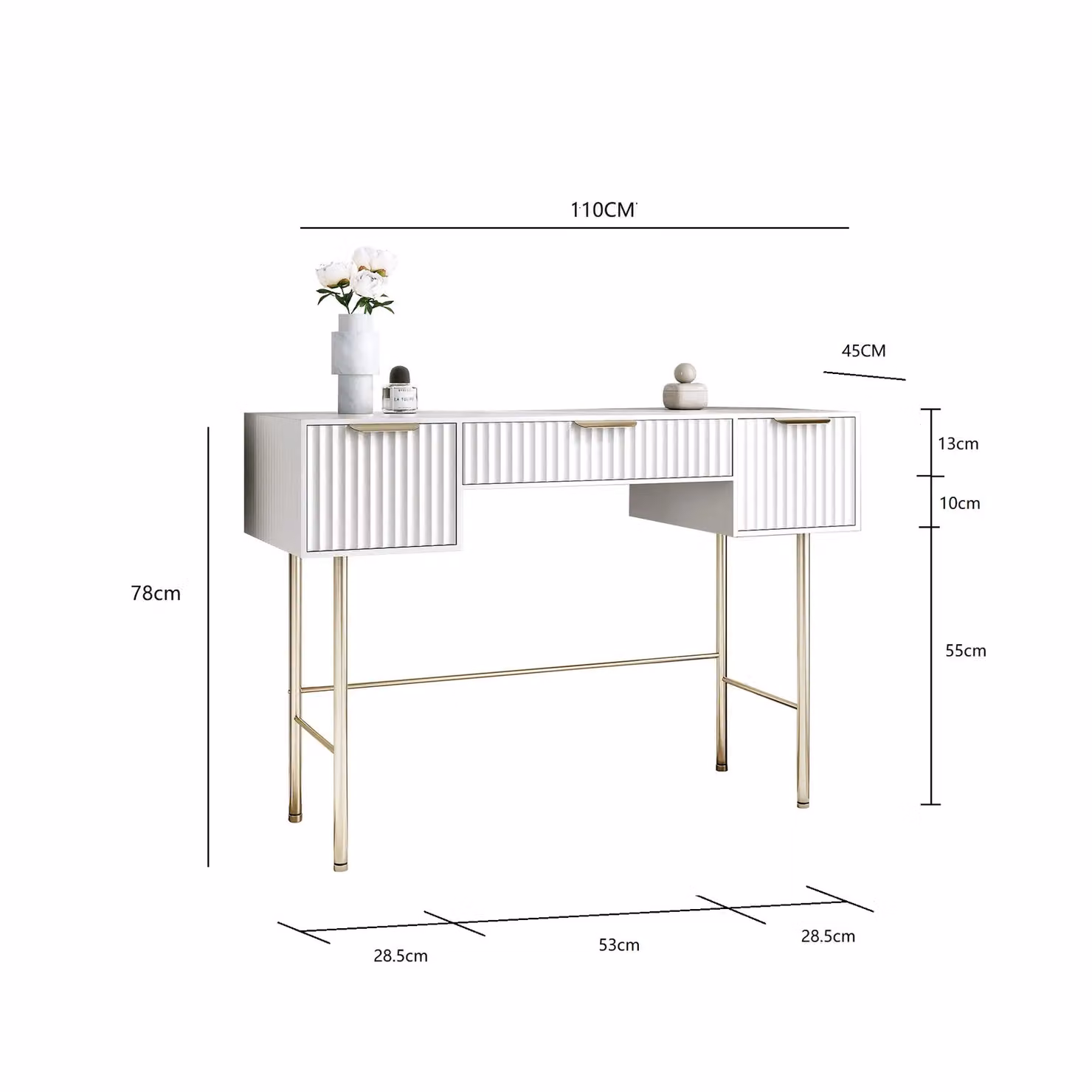 CARME HOME Lara White and Gold Modern Dressing Table with Integrated Lighting and Ridged Details – 2
