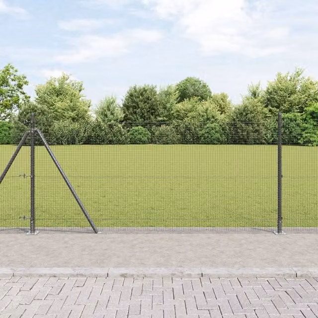 Berkfield Home Grey Powder-Coated Steel Welded Wire Fence with 13 Flanged Posts, 1 x 50 m