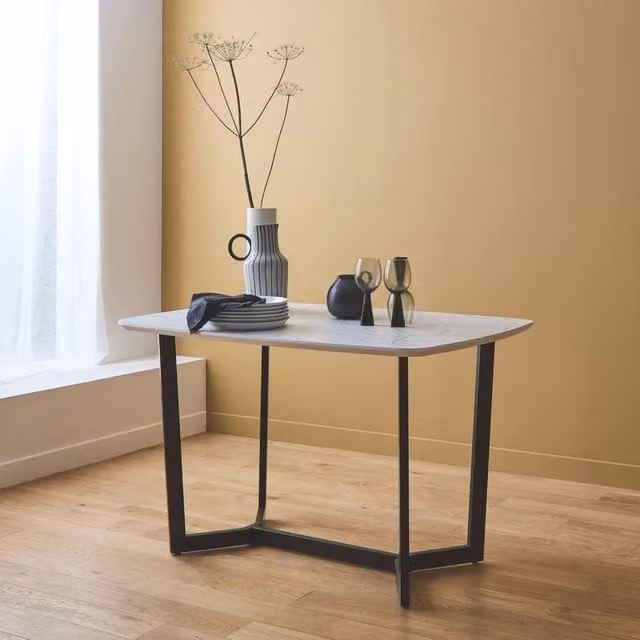 sweeek Modern Marble-effect Rectangular Dining Table with Metal Legs in White and Black, Seats 4 to 6 Adults, W/D/H: 245 x 80 x 75 cm