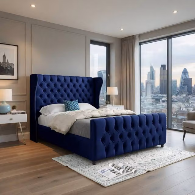 KDMD Keysoe Blue Soft Velvet Upholstered Designer Bed Frame, Super King, W: 200 cm x D: 200 cm