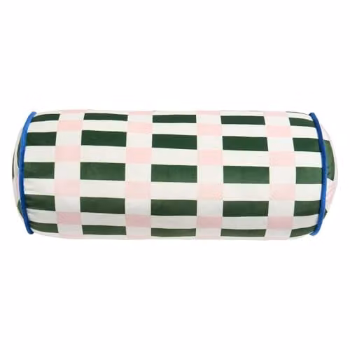 OHS Checked Matte Velvet Bolster Pillow in Green and Pink, 46 x 20 cm – 5