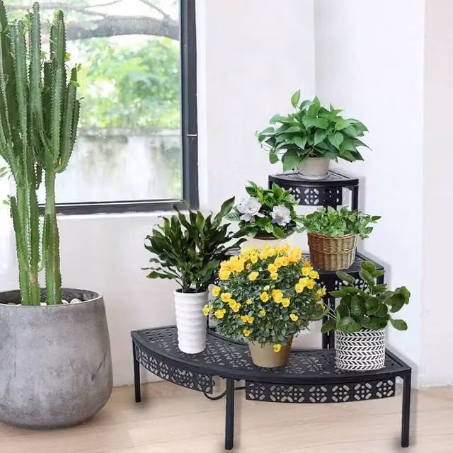 Huhote 3 Tier Metal Plant Stand, Black, W/D/H: 60 x 60 x 60 cm