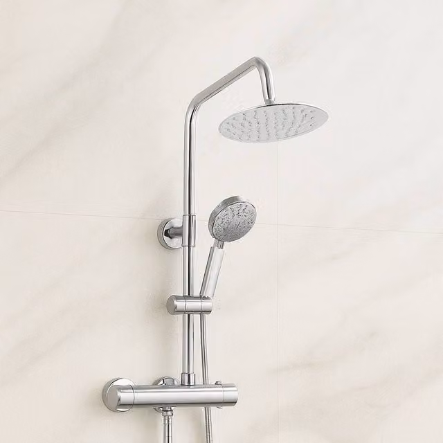 Bathroom Kingdom Menai Premium Chrome Round Thermostatic Shower Set with Overhead and Hand Shower in Silver