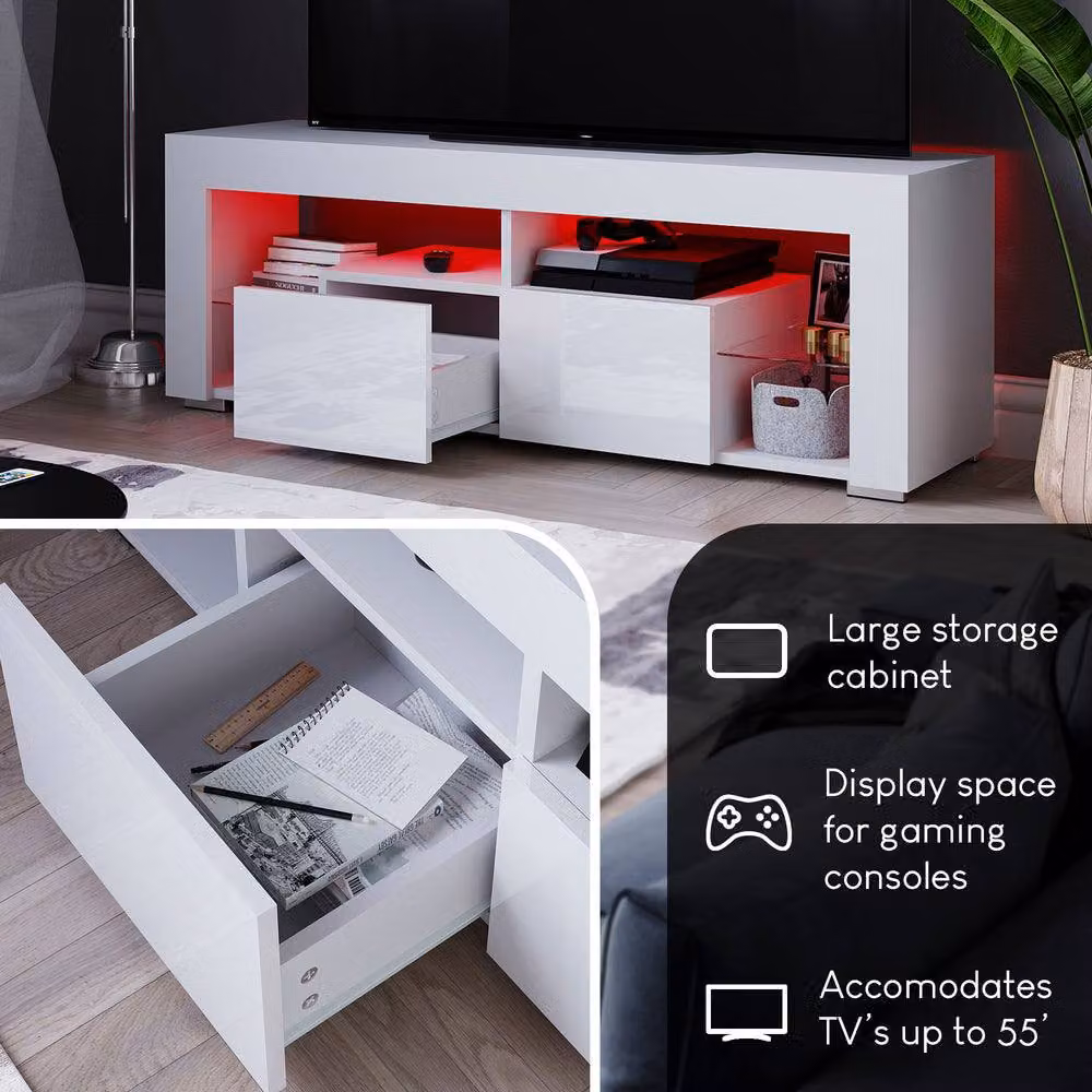 HD Designs Vida Designs Luna Modern 2 Drawer LED TV Unit in White with Integrated Lighting and Glass Details – 5