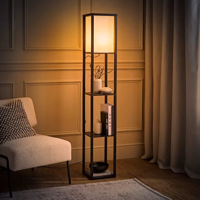 ValueLights Struttura Minimalist Shelving Unit Floor Lamp with Fabric Shade and Bulb, Black
