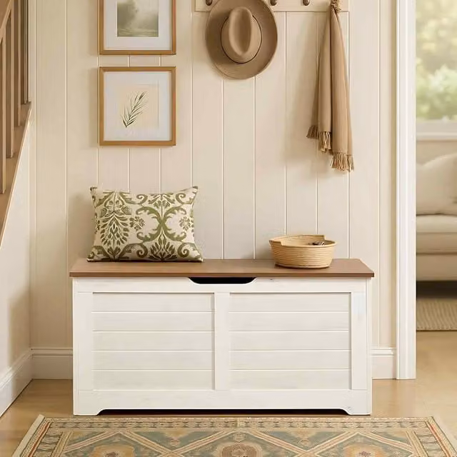 The Bazaarist Farmhouse Storage Chest Shoe Storage Bench in Rustic White and Honey Brown, W/D/H: 136 x 40 x 46 cm