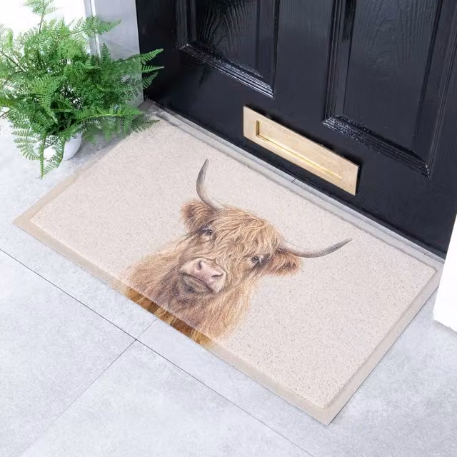 Artsy Mats Neutral Watercolour Highland Cow Doormat in Beige, W: 70 cm, D: 40 cm – 1