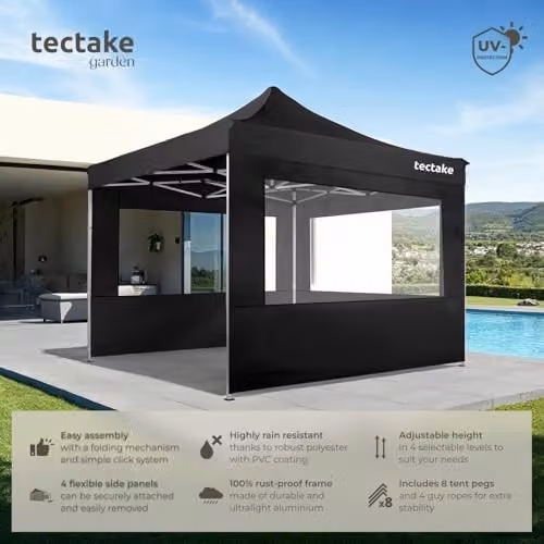 tectake Folding Pop Up Gazebo in Black with Aluminium Frame and Side Panels with Windows, W/D/H: 300 x 300 x 280 cm – 2
