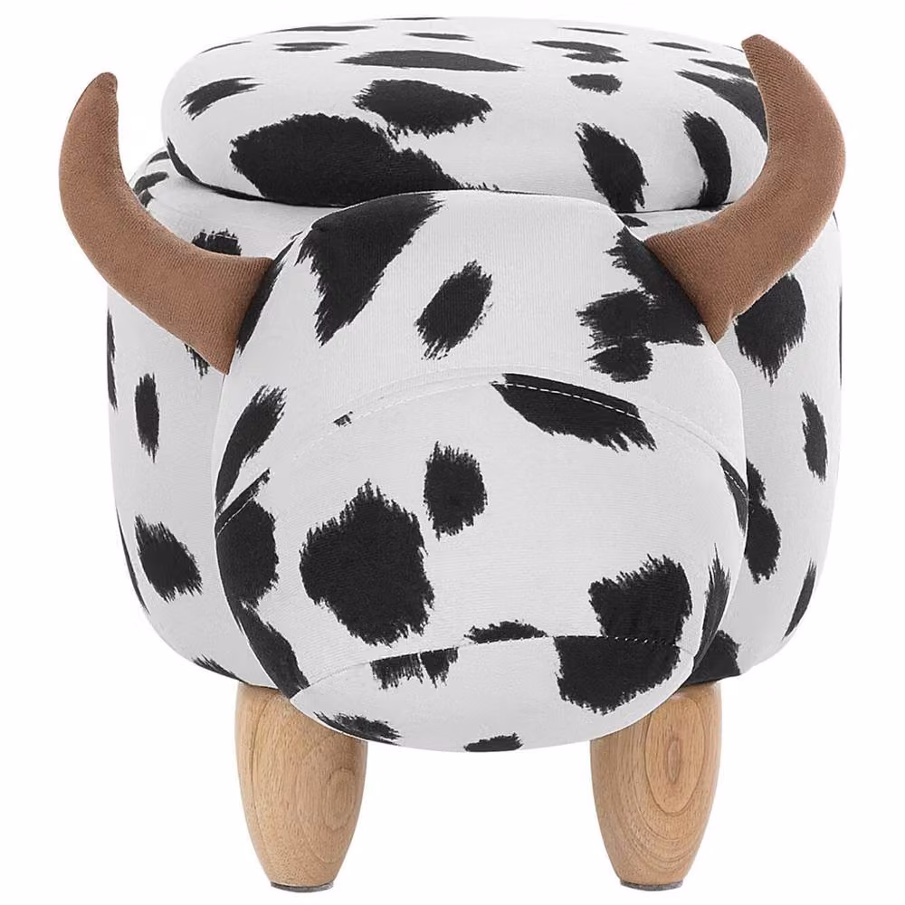 Wyld and Coco Cow Print Storage Stool in White and Black Faux Leather with Rubberwood Legs – 5