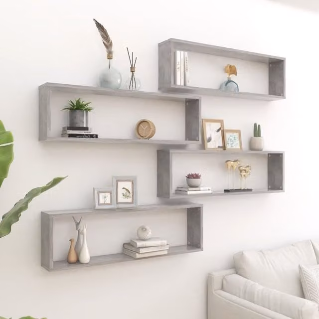 Berkfield Home Wall Mounted Cube Shelf, 4 Piece Set in Concrete Grey, W/D/H: 100 x 30 x 15 cm