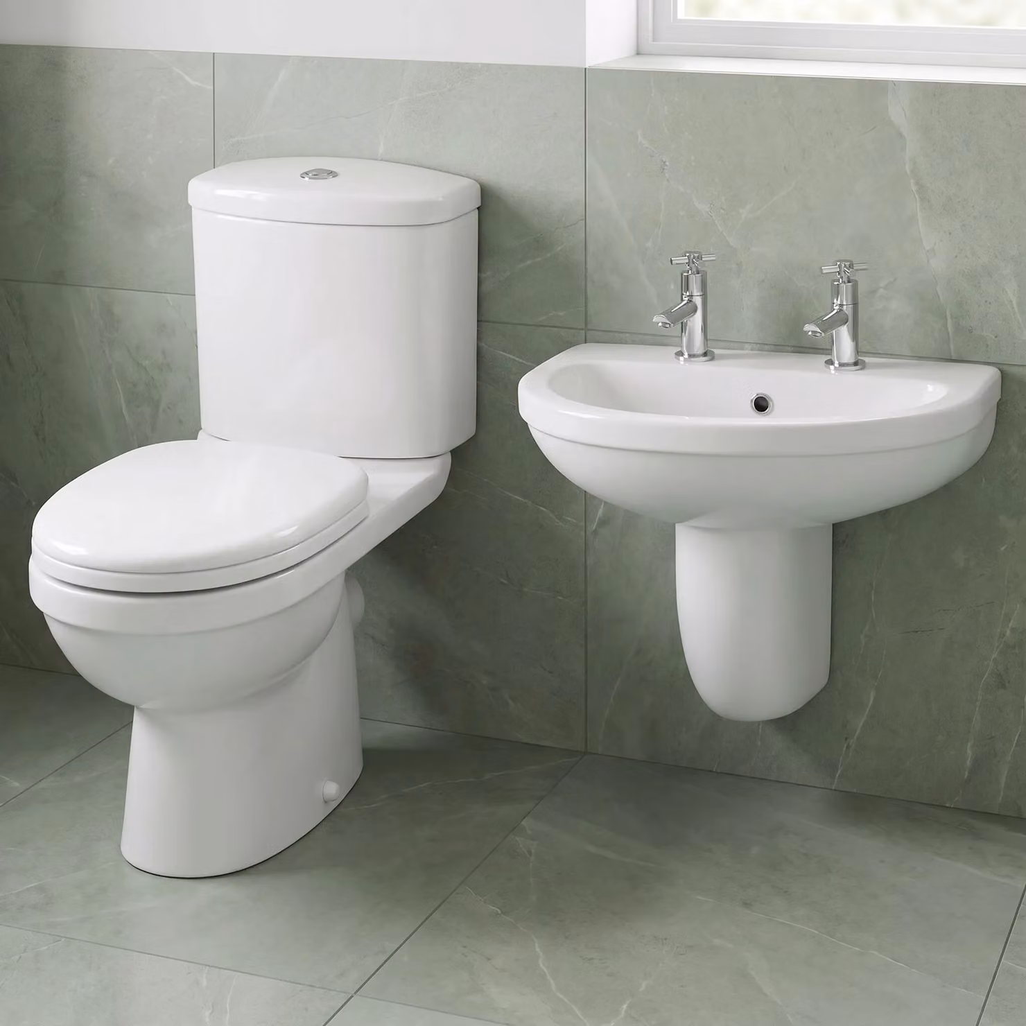 Balterley Vito Ceramic Toilet Suite with SoftClose Seat and 550mm Semi Pedestal Basin in White – 2