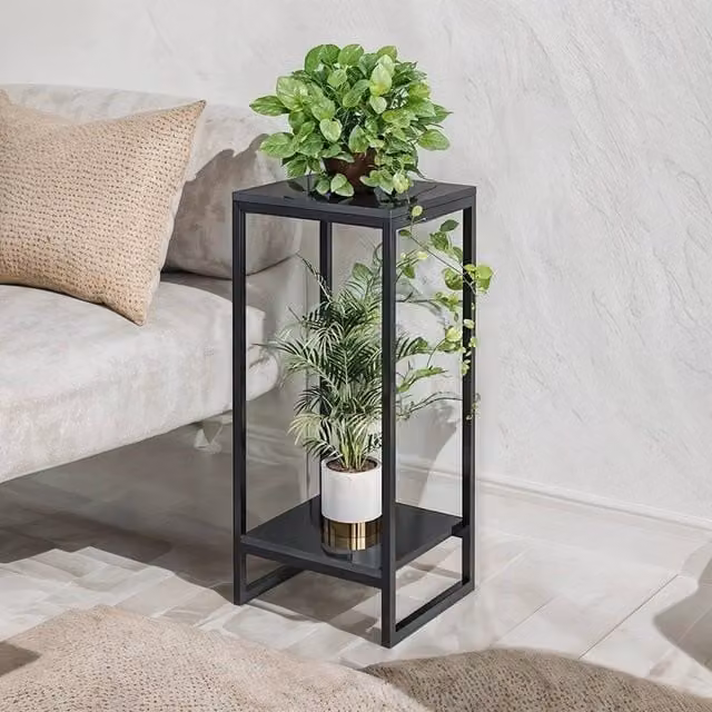 FORGEVIO 2-Tier Modern Metal and Wood Floor Plant Stand, Black, Height: 60 cm – 1