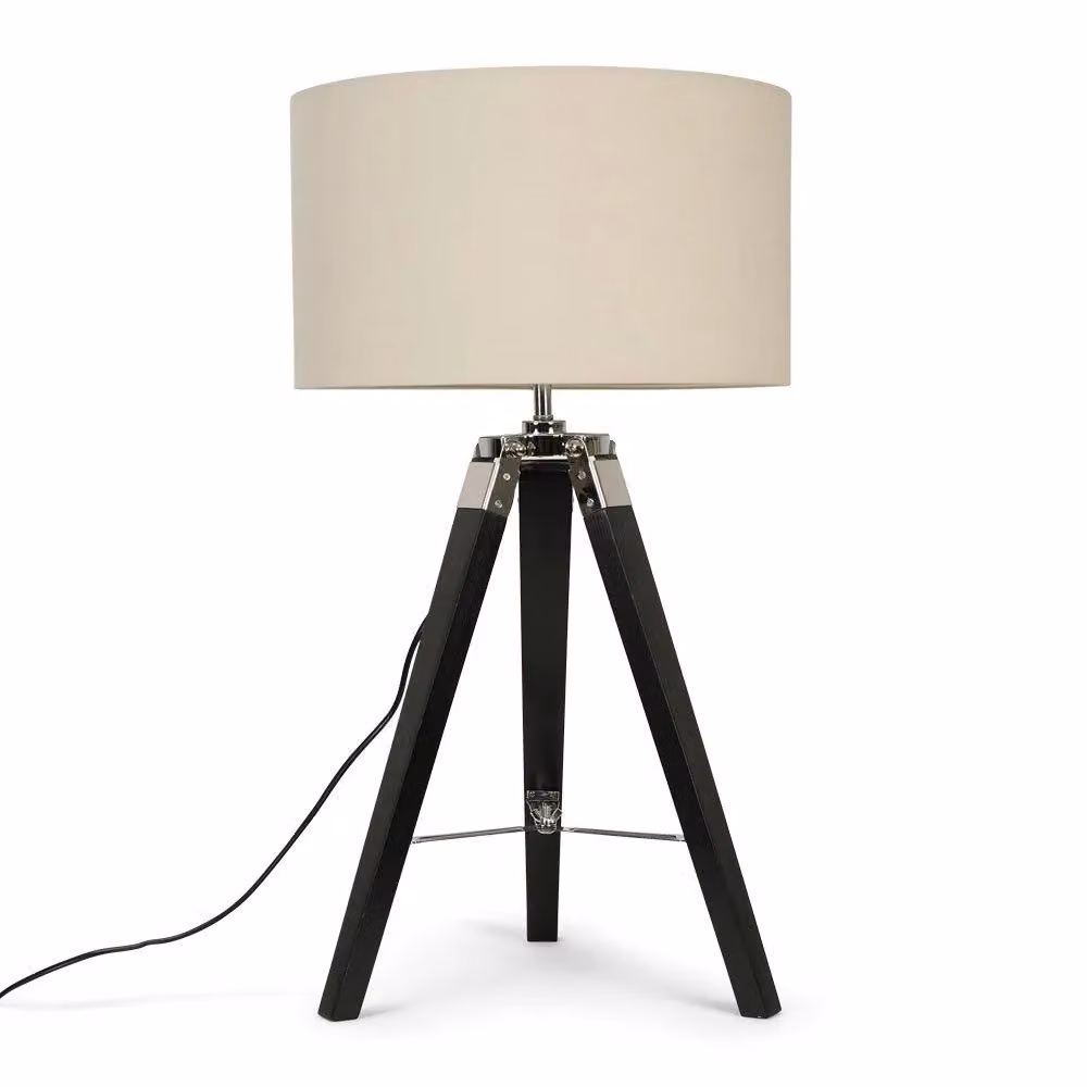 ValueLights Clipper Black Wood Tripod Table Lamp with Beige Fabric Cylinder Shade – 2